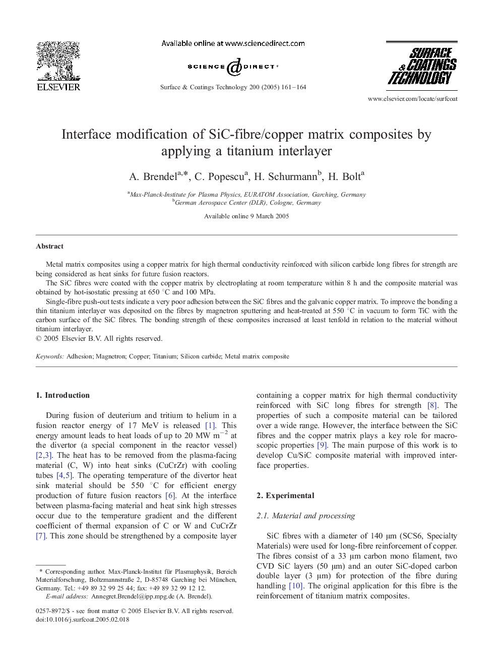 Interface modification of SiC-fibre/copper matrix composites by applying a titanium interlayer