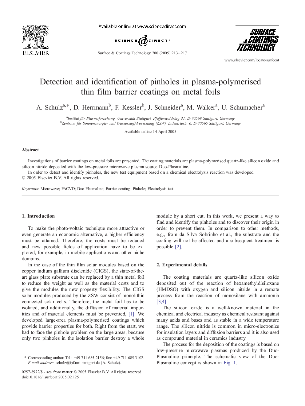 Detection and identification of pinholes in plasma-polymerised thin film barrier coatings on metal foils