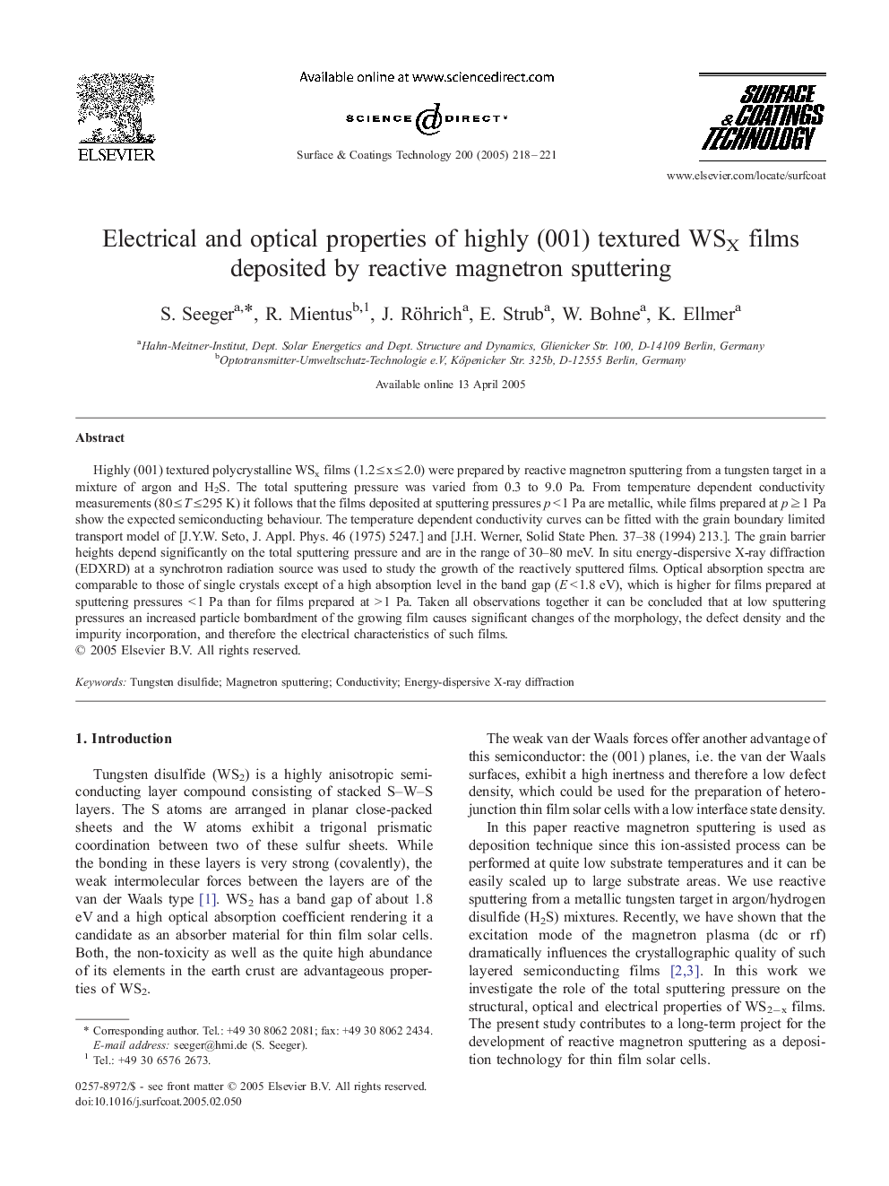 Electrical and optical properties of highly (001) textured WSX films deposited by reactive magnetron sputtering