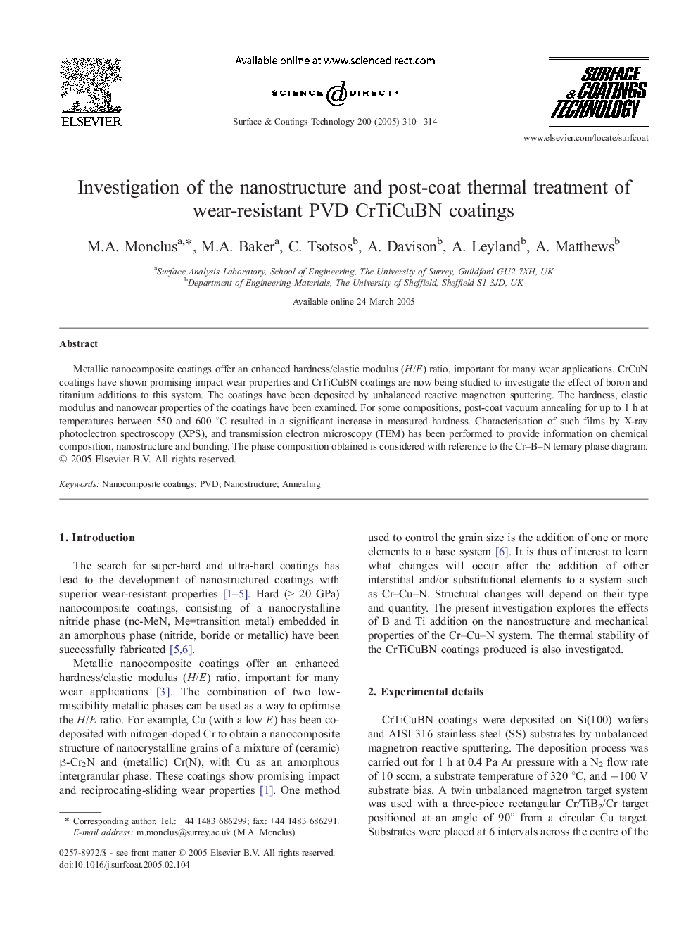 عکس صفحه اول مقاله: Investigation of the nanostructure and post-coat thermal treatment of wear-resistant PVD CrTiCuBN coatings Investigation of the nanostructure and post-coat thermal treatment of wear-resistant PVD CrTiCuBN coatings