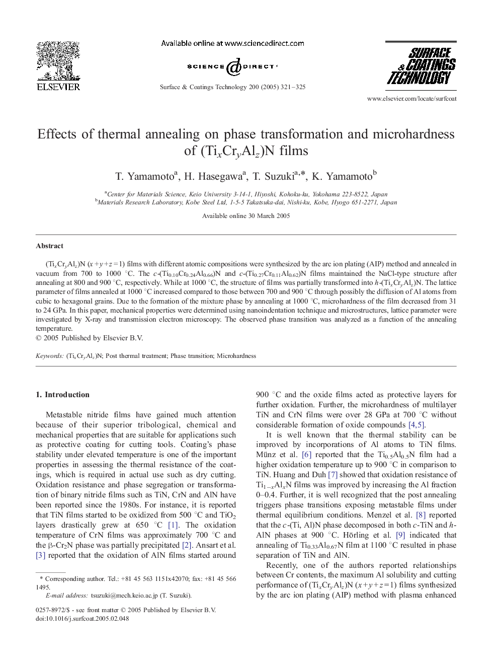 Effects of thermal annealing on phase transformation and microhardness of (TixCryAlz)N films