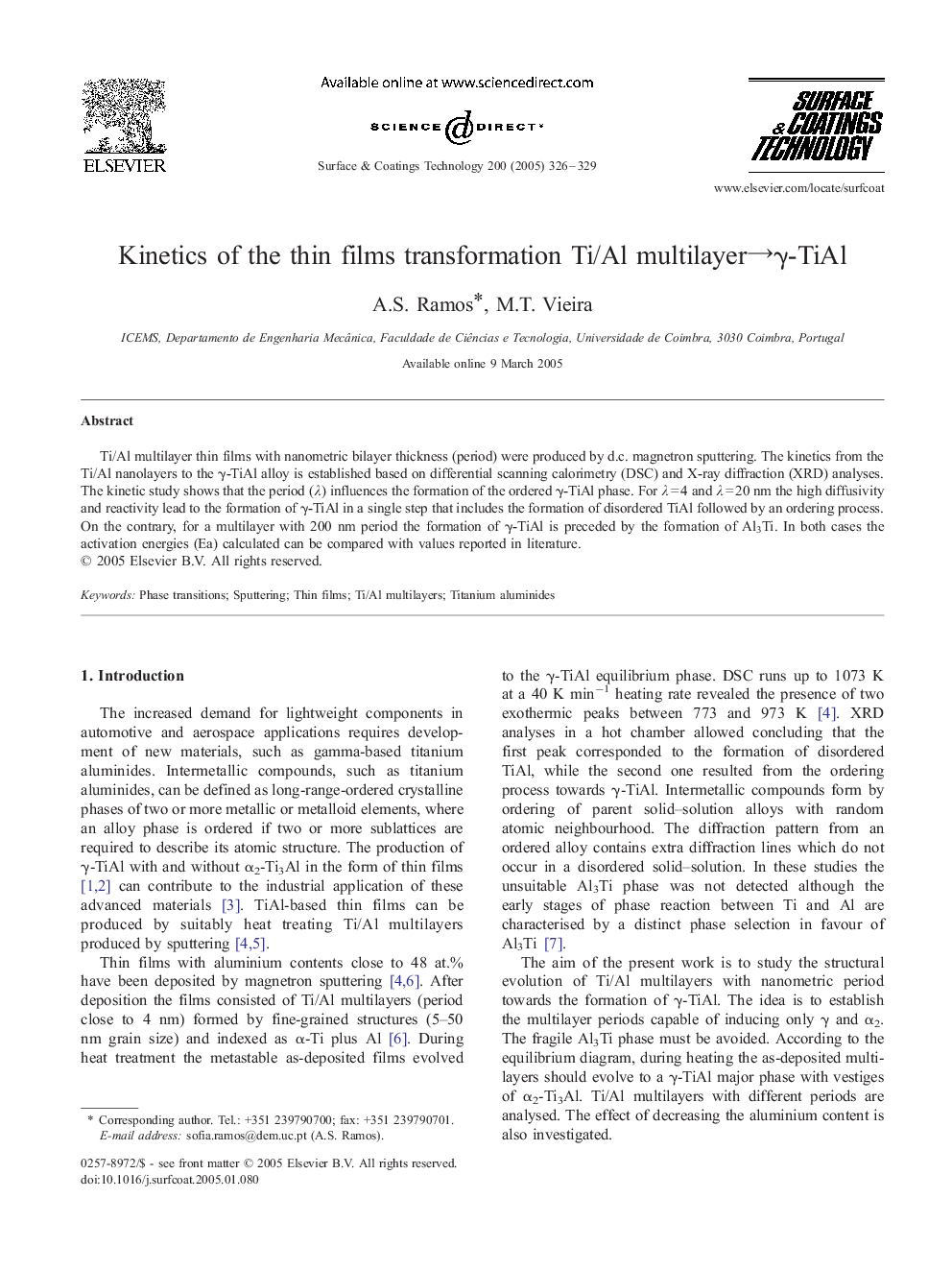 Kinetics of the thin films transformation Ti/Al multilayerâÎ³-TiAl