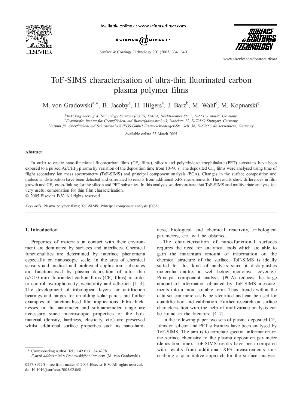 ToF-SIMS characterisation of ultra-thin fluorinated carbon plasma polymer films