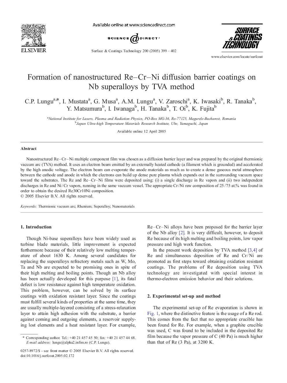 Formation of nanostructured Re-Cr-Ni diffusion barrier coatings on Nb superalloys by TVA method