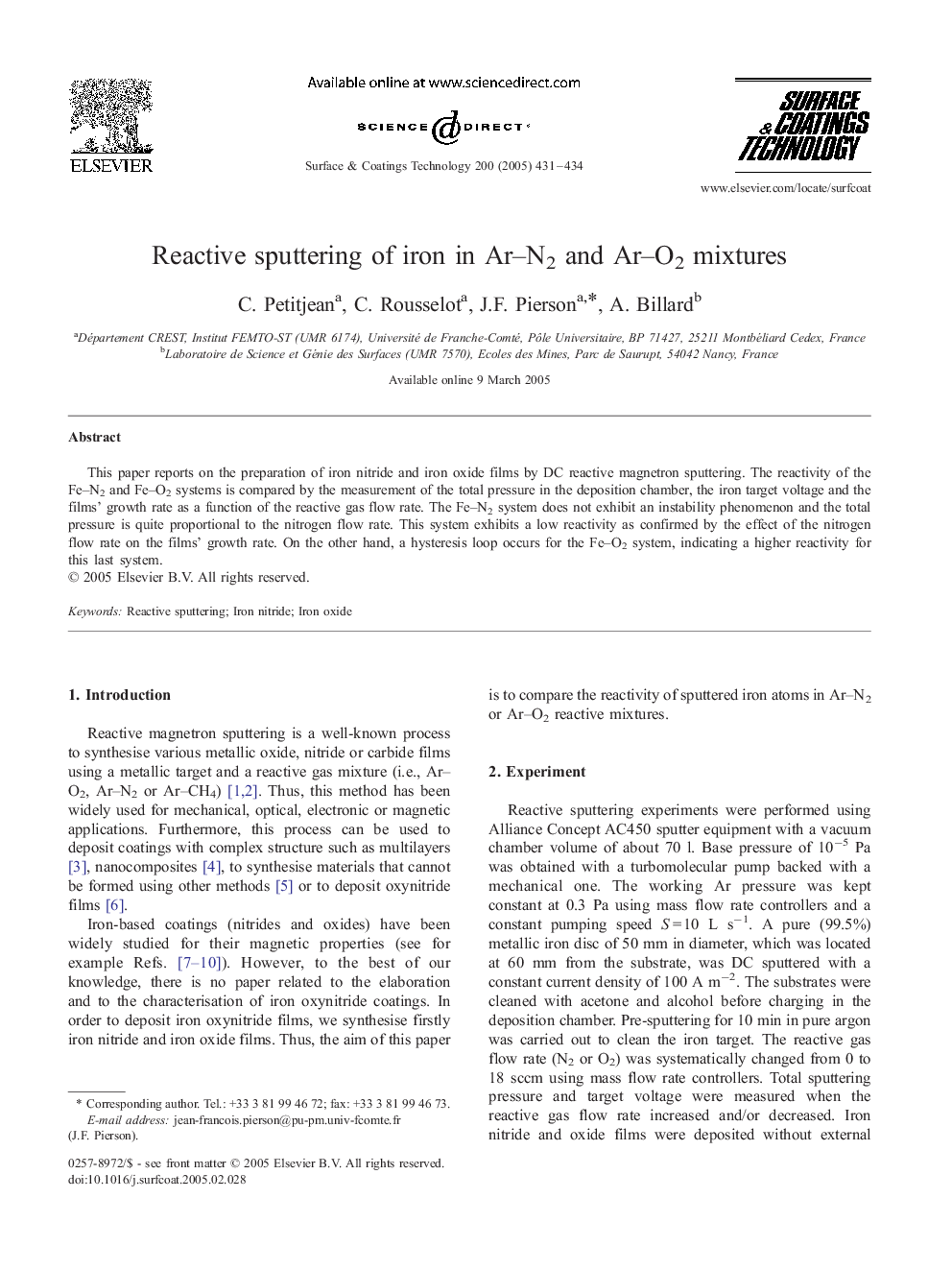 Reactive sputtering of iron in Ar-N2 and Ar-O2 mixtures