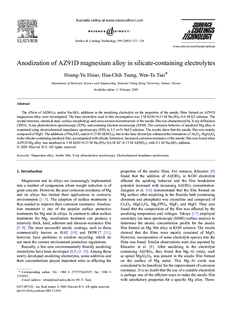 Anodization of AZ91D magnesium alloy in silicate-containing electrolytes