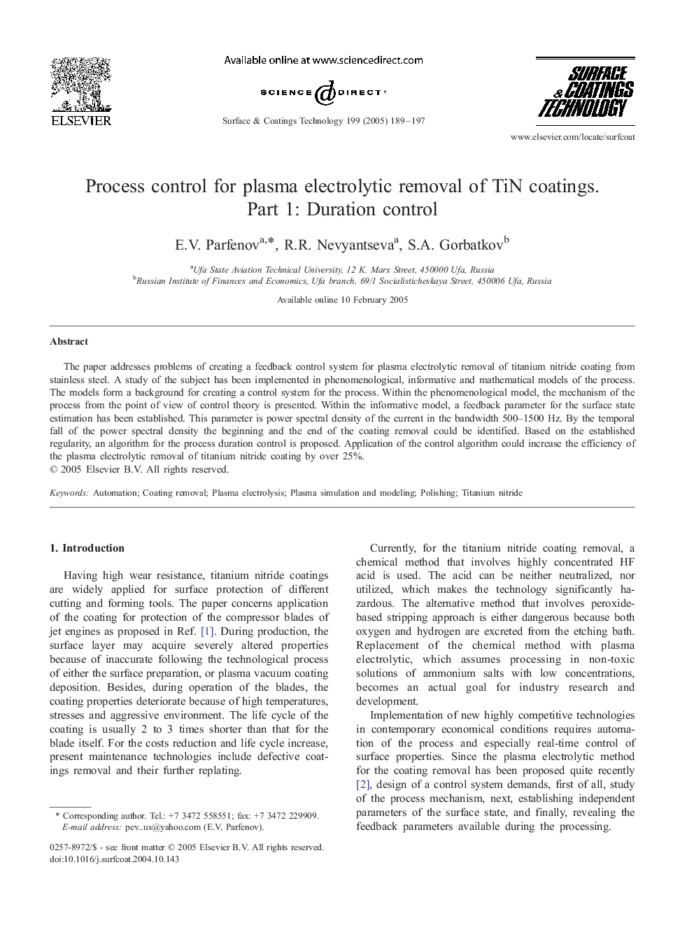 Process control for plasma electrolytic removal of TiN coatings. Part 1: Duration control