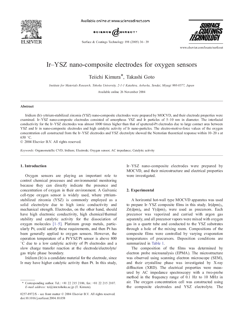 Ir-YSZ nano-composite electrodes for oxygen sensors