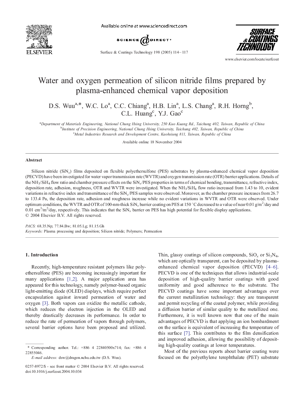 Water and oxygen permeation of silicon nitride films prepared by plasma-enhanced chemical vapor deposition