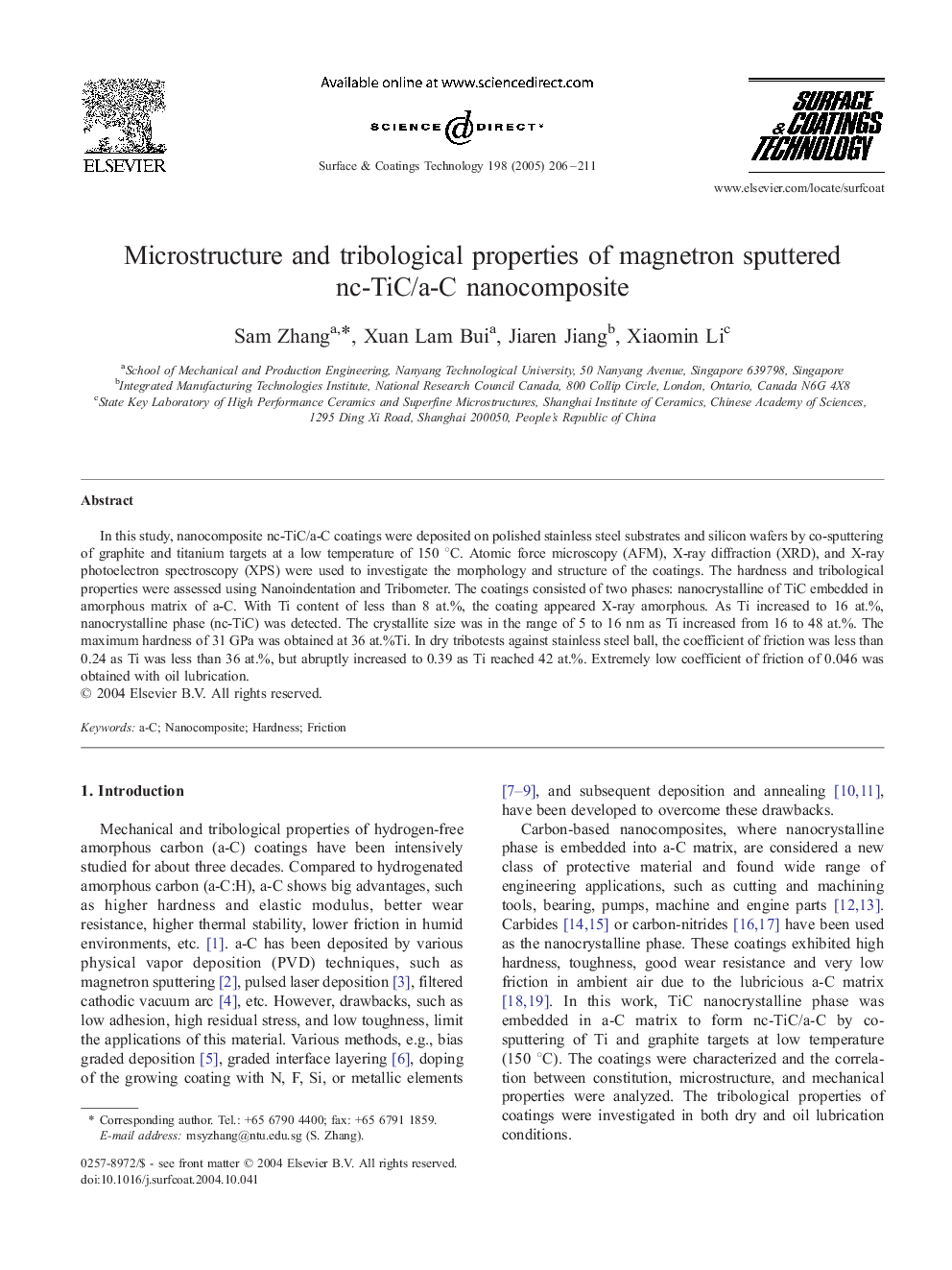 Microstructure and tribological properties of magnetron sputtered nc-TiC/a-C nanocomposite