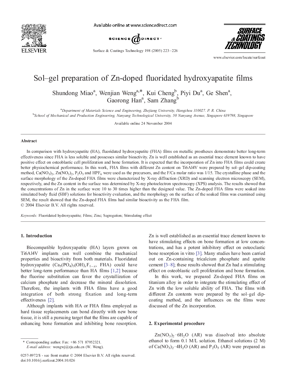 Sol-gel preparation of Zn-doped fluoridated hydroxyapatite films