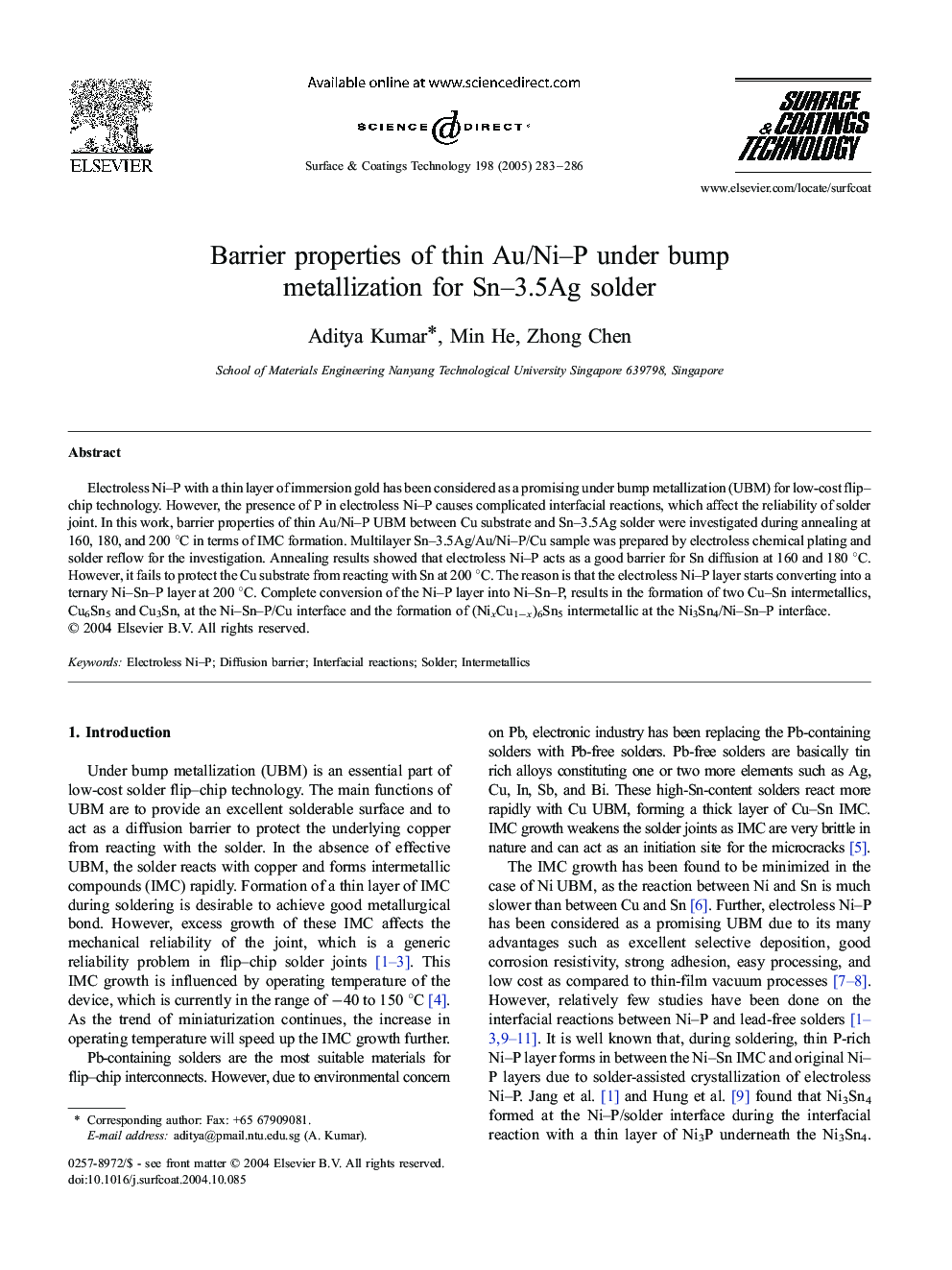 Barrier properties of thin Au/Ni-P under bump metallization for Sn-3.5Ag solder