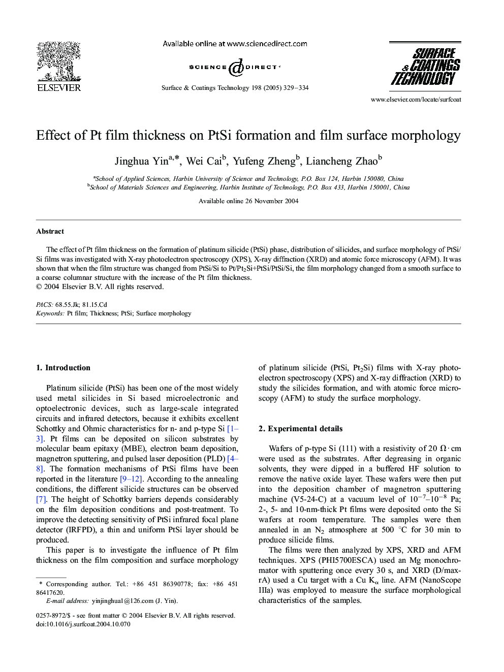 Effect of Pt film thickness on PtSi formation and film surface morphology