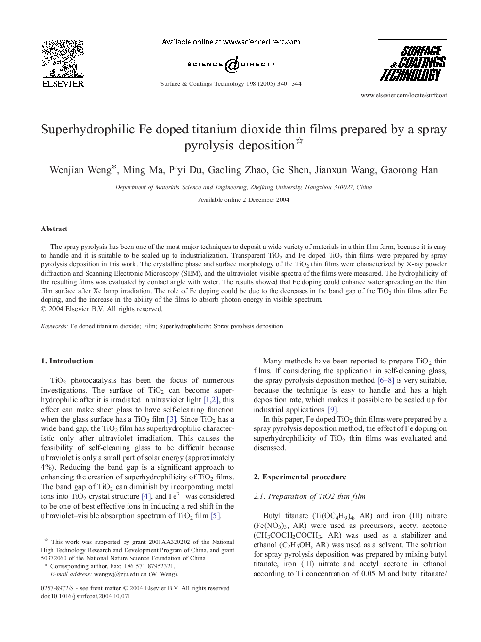 Superhydrophilic Fe doped titanium dioxide thin films prepared by a spray pyrolysis deposition