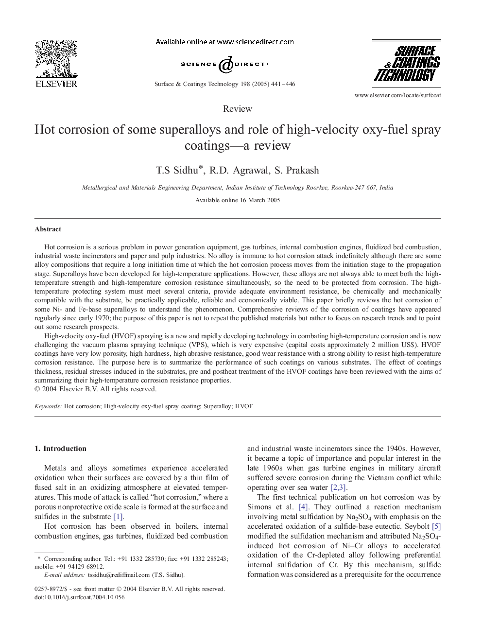 Hot corrosion of some superalloys and role of high-velocity oxy-fuel spray coatings-a review