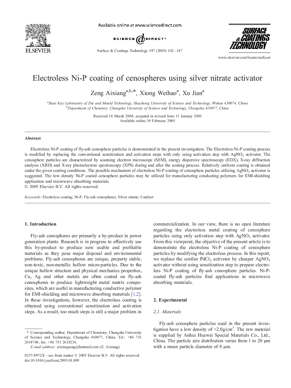 Electroless Ni-P coating of cenospheres using silver nitrate activator