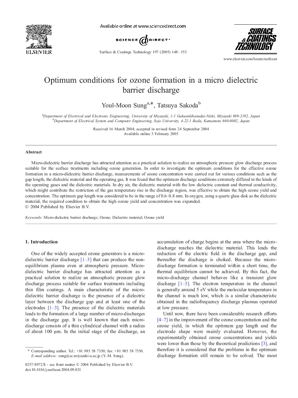 Optimum conditions for ozone formation in a micro dielectric barrier discharge