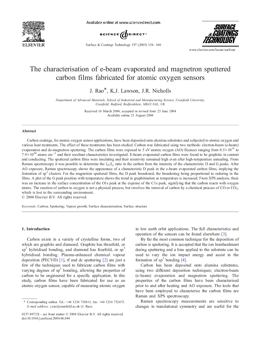 The characterisation of e-beam evaporated and magnetron sputtered carbon films fabricated for atomic oxygen sensors