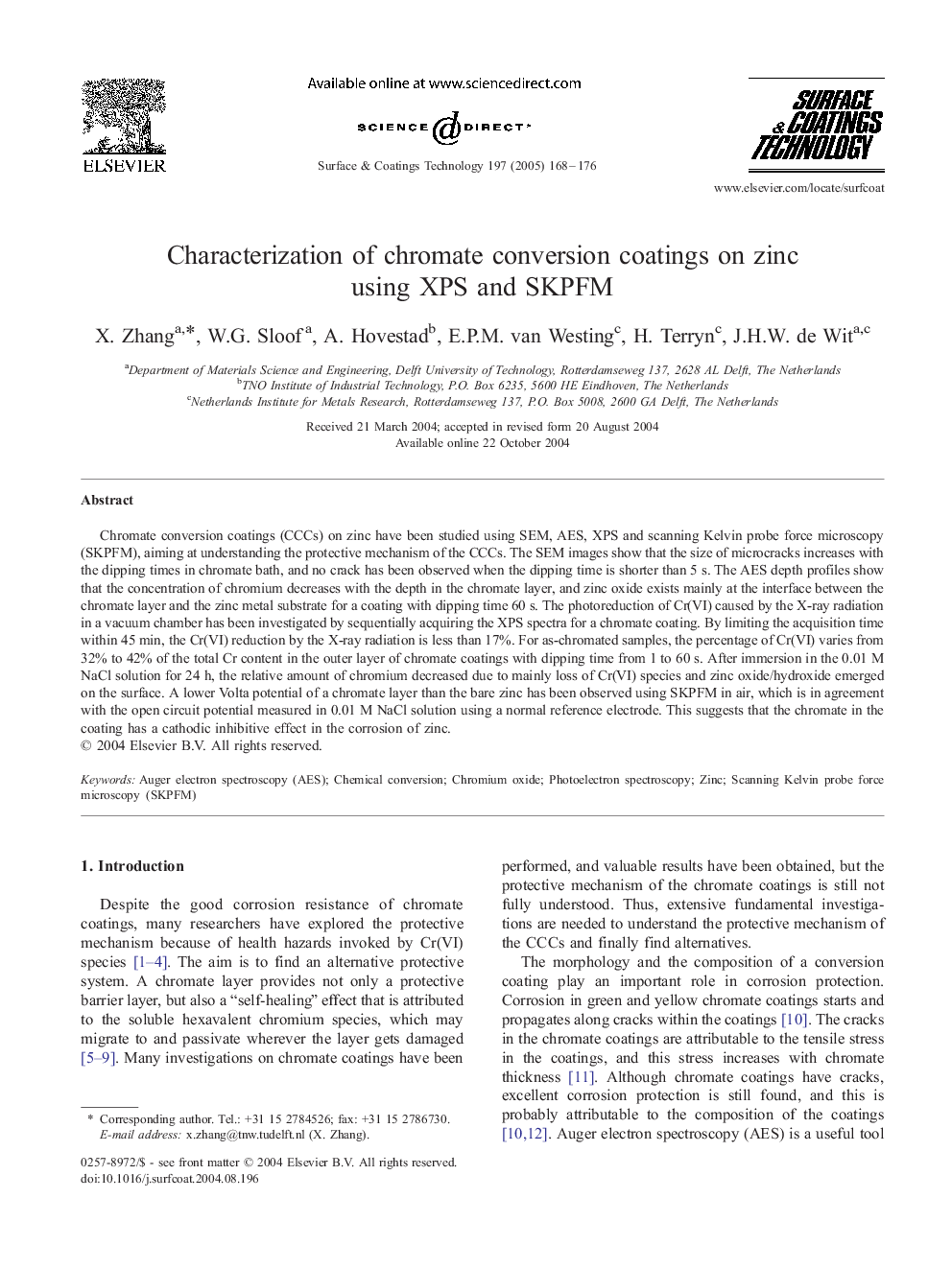 Characterization of chromate conversion coatings on zinc using XPS and SKPFM