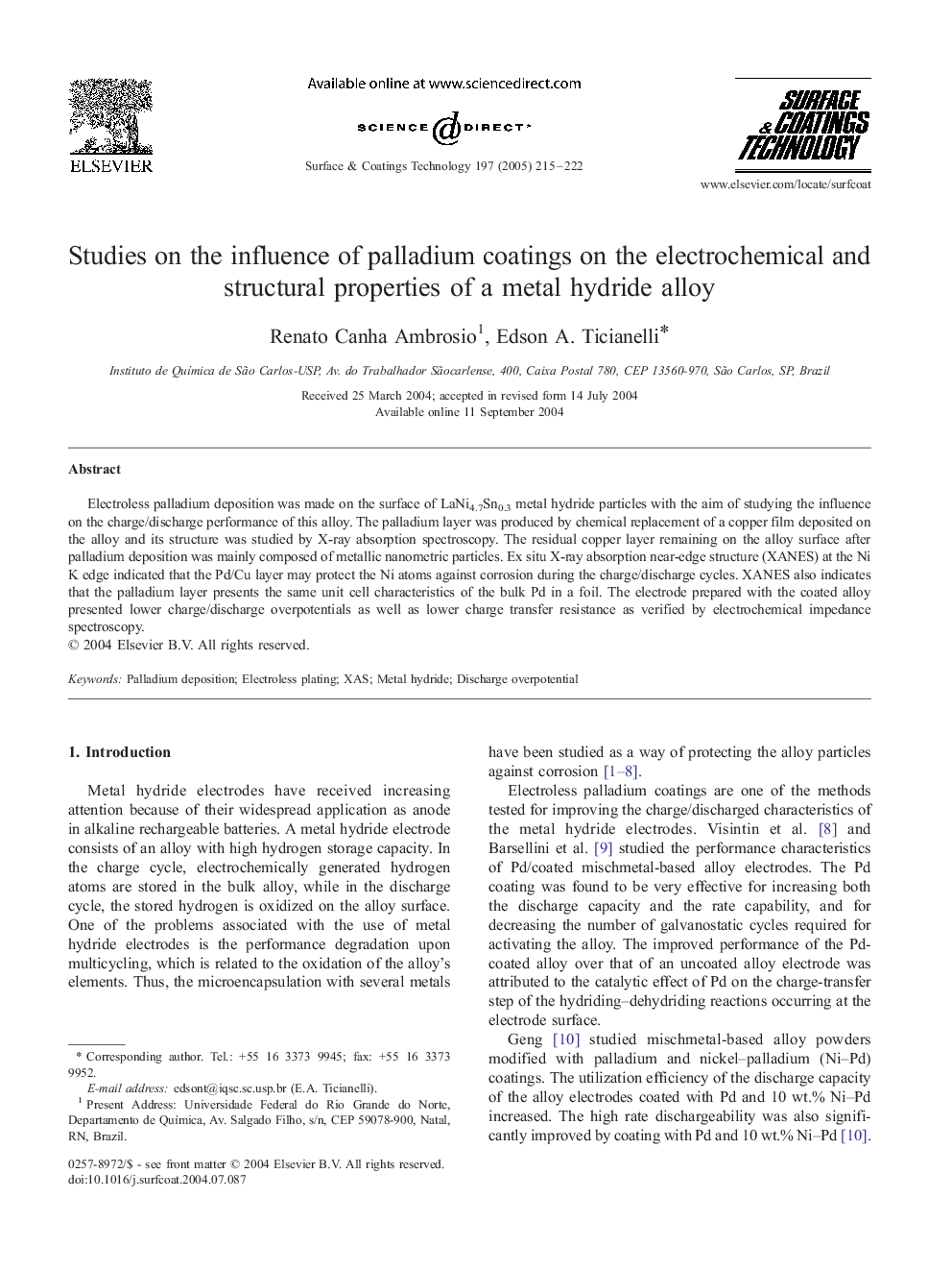 Studies on the influence of palladium coatings on the electrochemical and structural properties of a metal hydride alloy