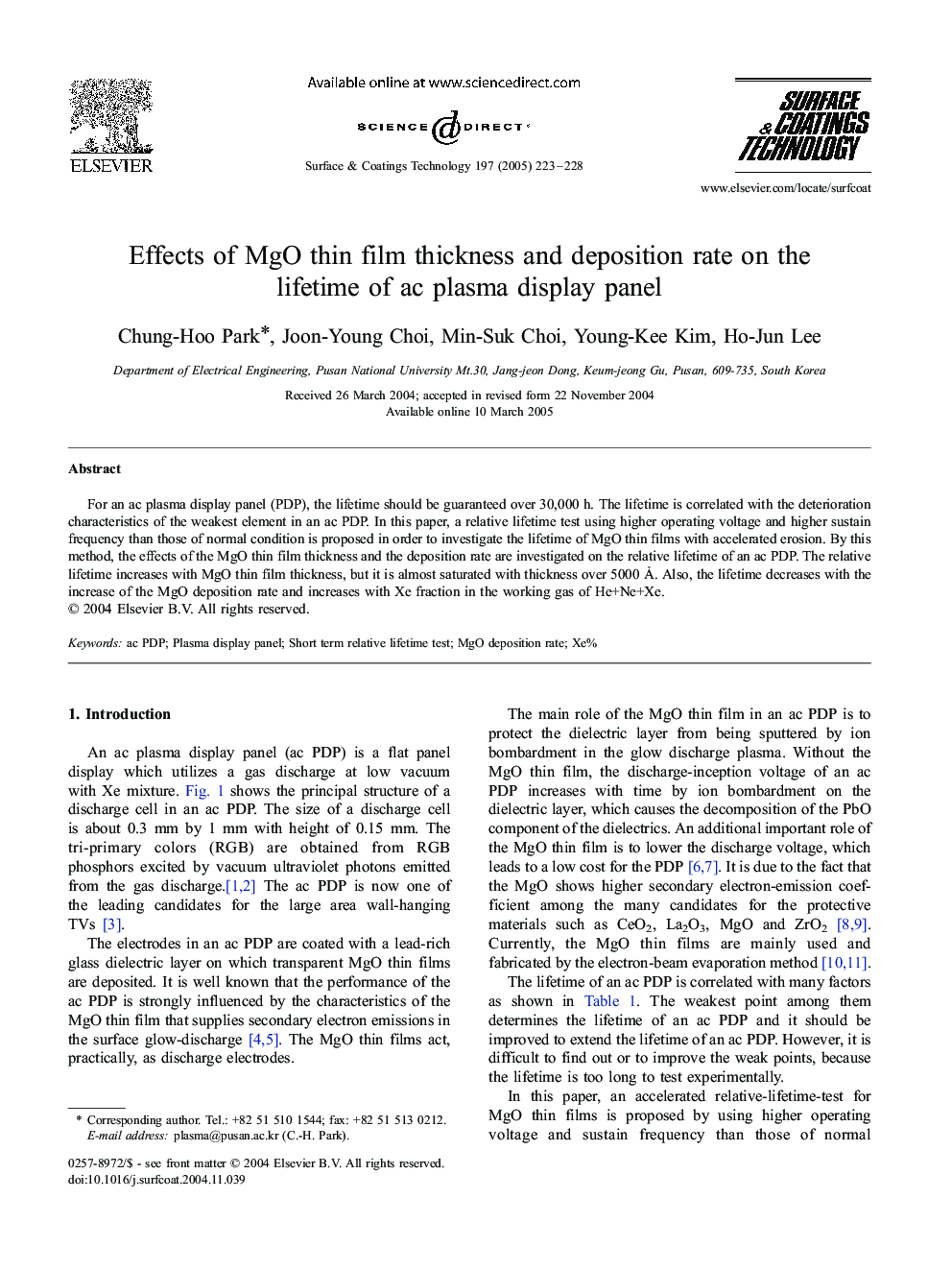 Effects of MgO thin film thickness and deposition rate on the lifetime of ac plasma display panel