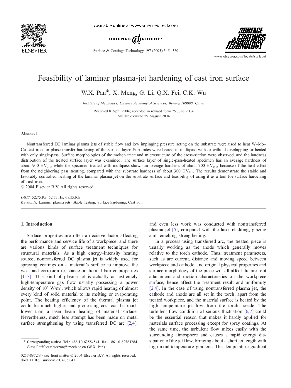 Feasibility of laminar plasma-jet hardening of cast iron surface