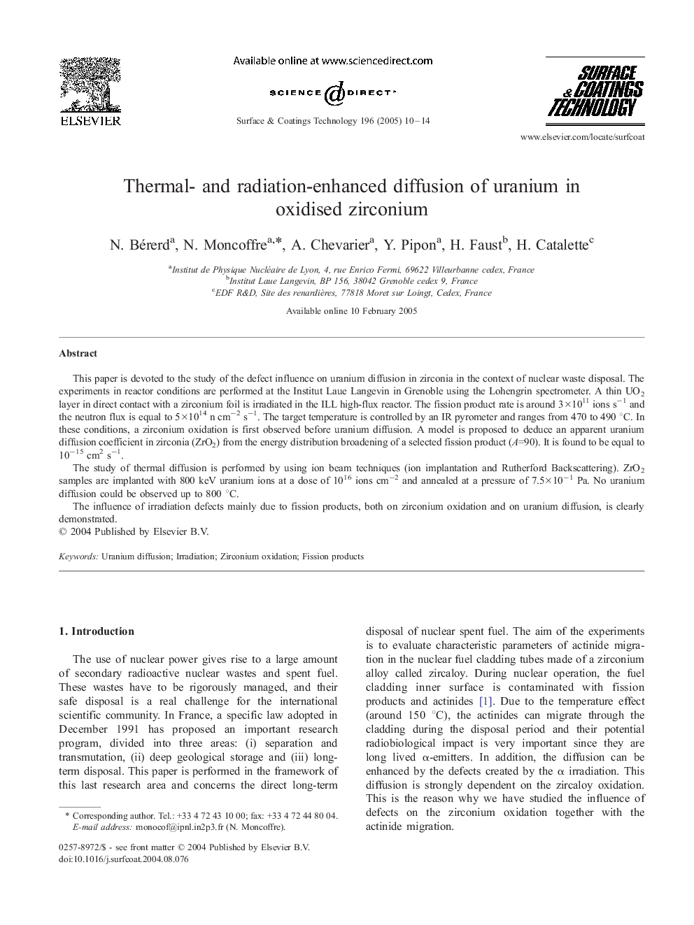 Thermal- and radiation-enhanced diffusion of uranium in oxidised zirconium