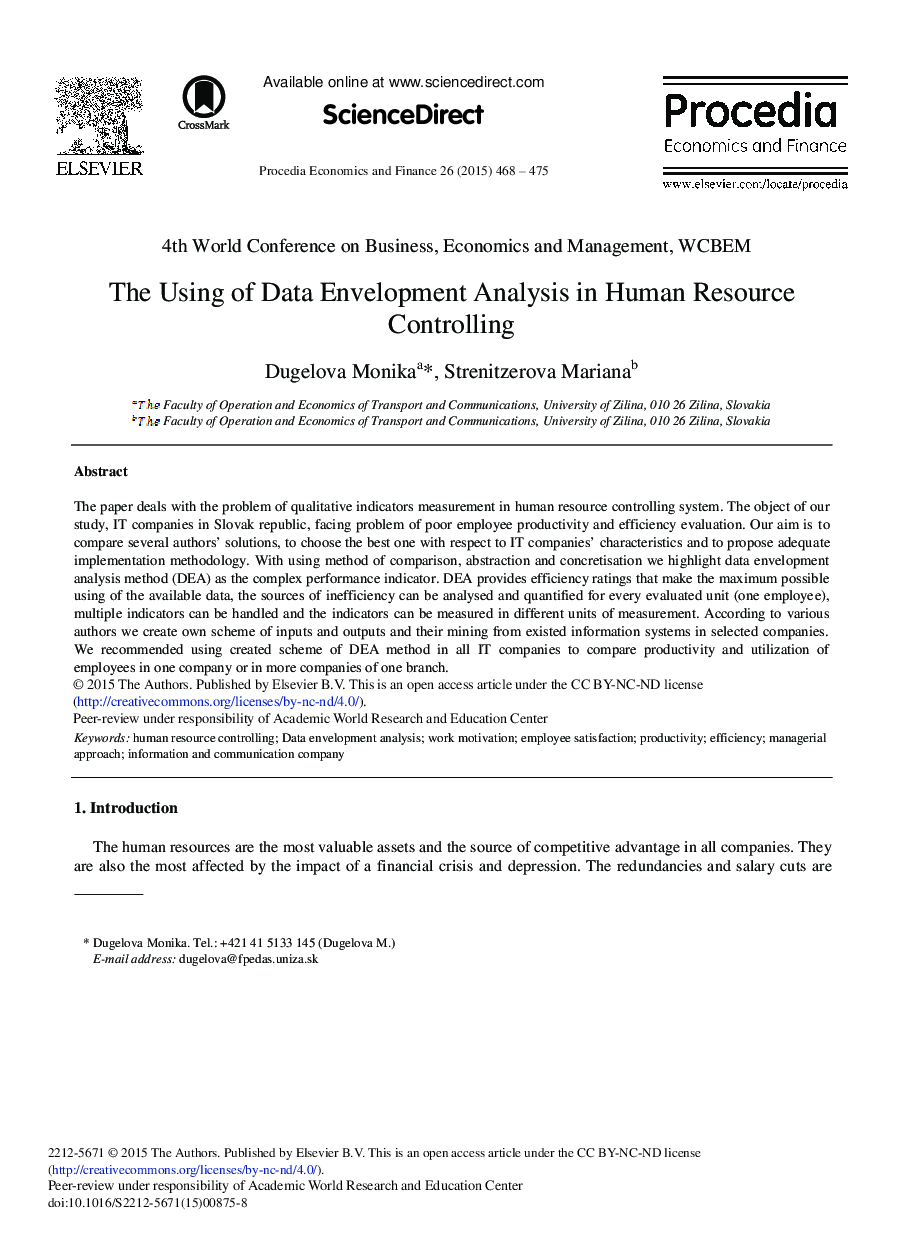 The Using of Data Envelopment Analysis in Human Resource Controlling 