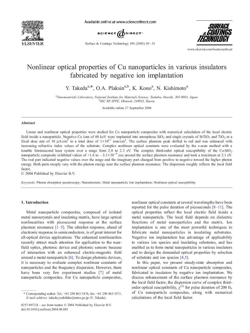 Nonlinear optical properties of Cu nanoparticles in various insulators fabricated by negative ion implantation