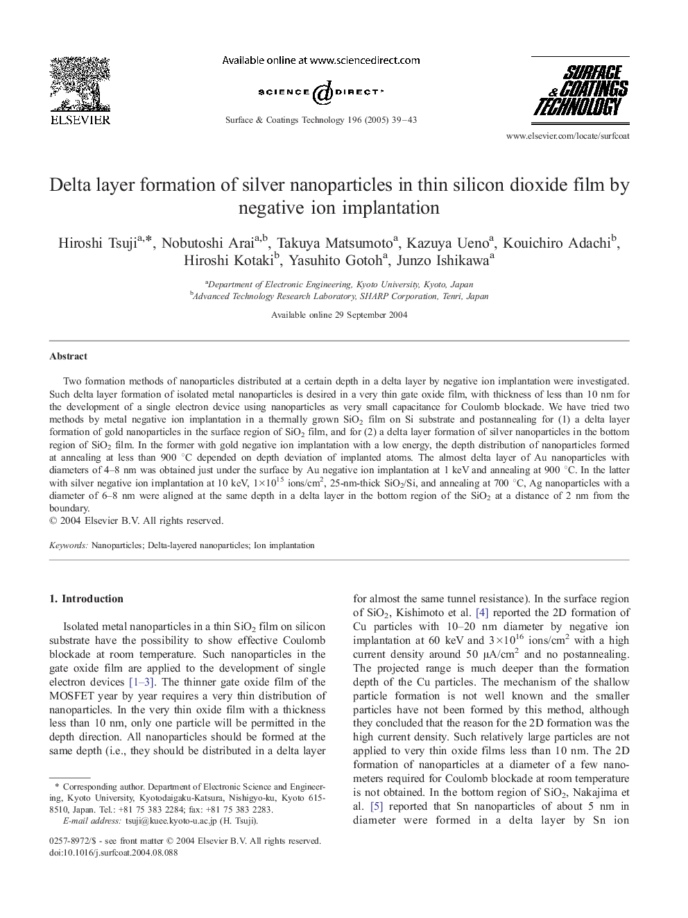 Delta layer formation of silver nanoparticles in thin silicon dioxide film by negative ion implantation