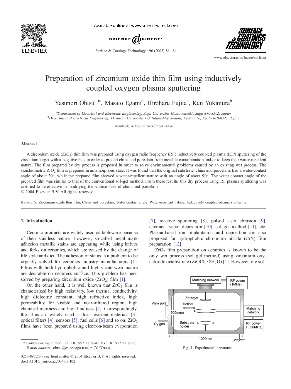 Preparation of zirconium oxide thin film using inductively coupled oxygen plasma sputtering