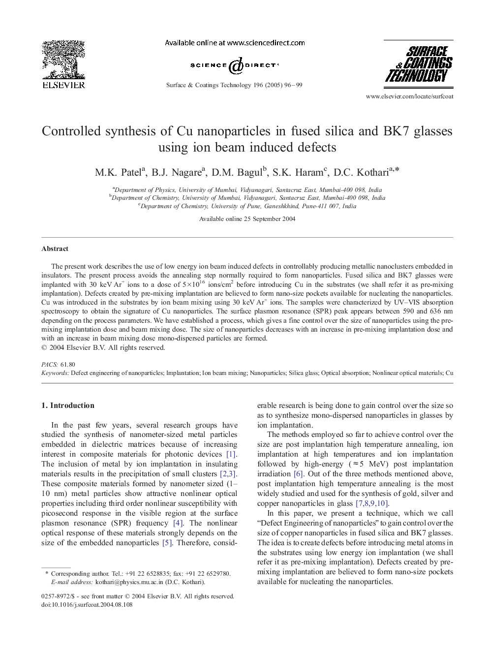 Controlled synthesis of Cu nanoparticles in fused silica and BK7 glasses using ion beam induced defects