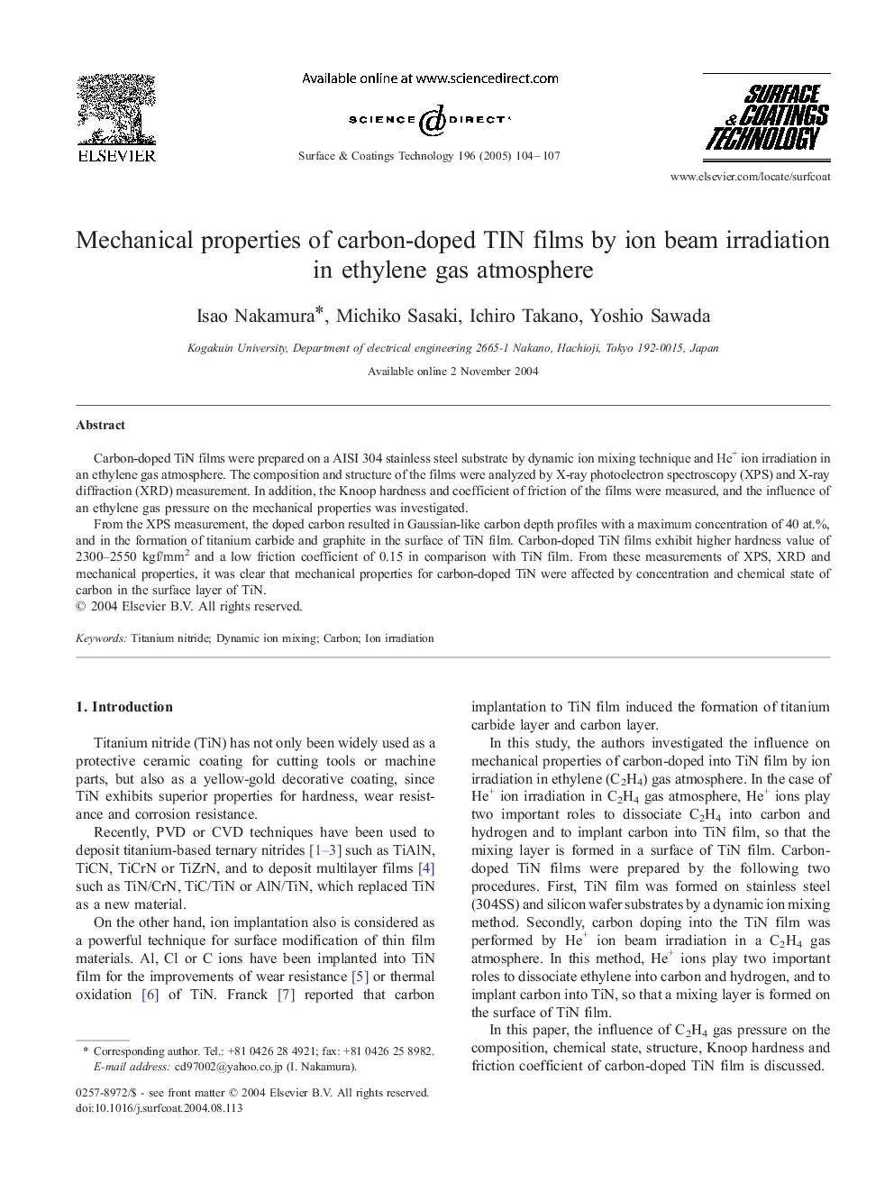 عکس صفحه اول مقاله: Mechanical properties of carbon-doped TIN films by ion beam irradiation in ethylene gas atmosphere Mechanical properties of carbon-doped TIN films by ion beam irradiation in ethylene gas atmosphere