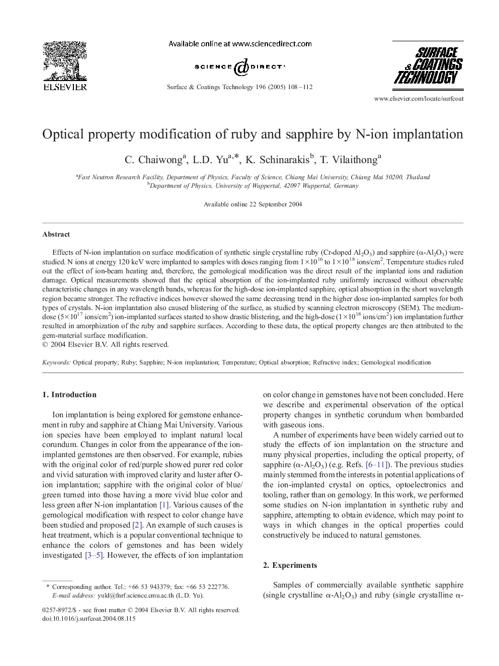 Optical property modification of ruby and sapphire by N-ion implantation