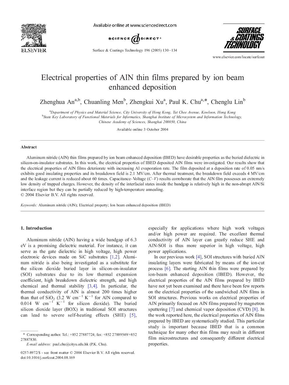 Electrical properties of AlN thin films prepared by ion beam enhanced deposition