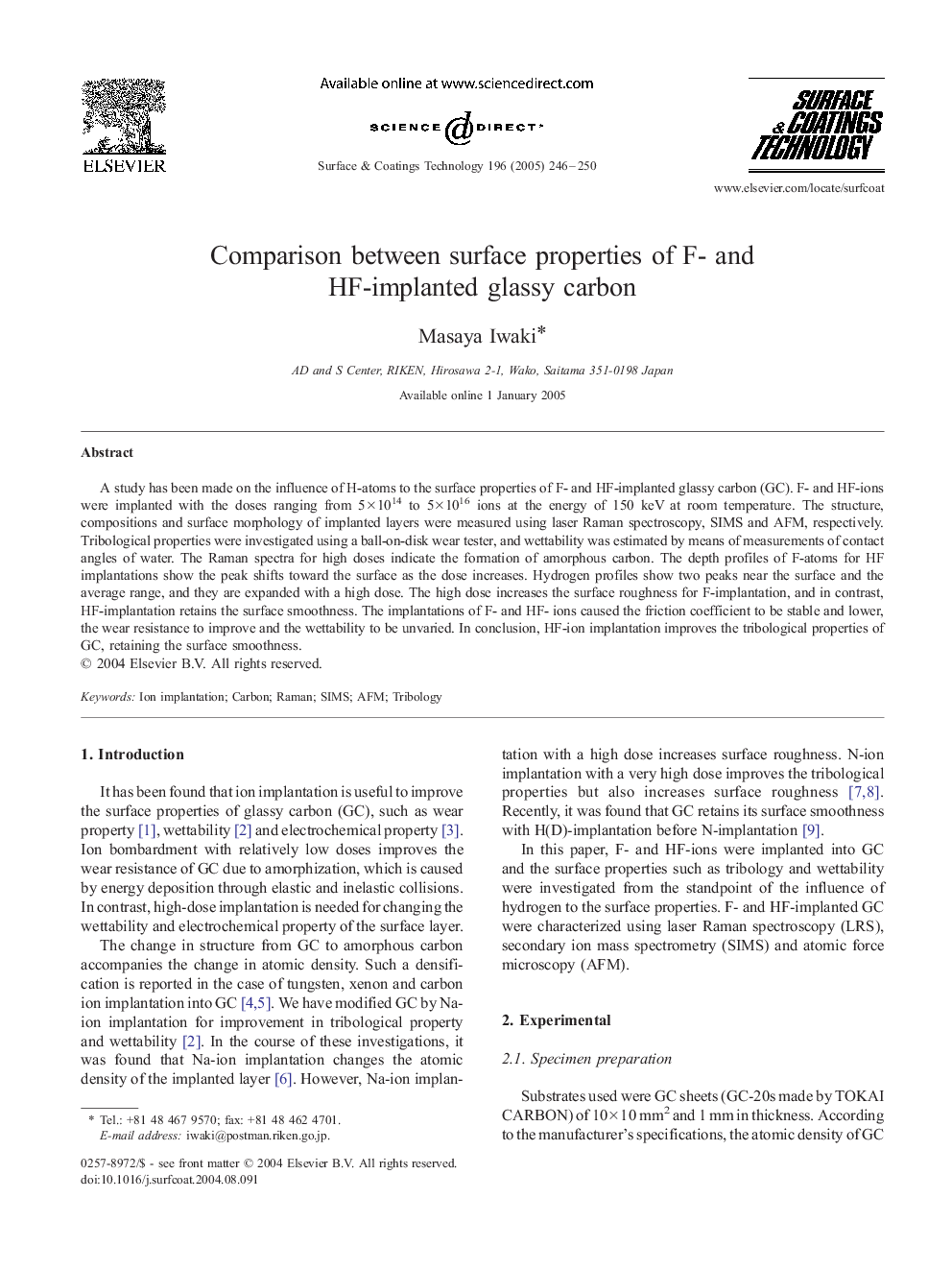 Comparison between surface properties of F- and HF-implanted glassy carbon