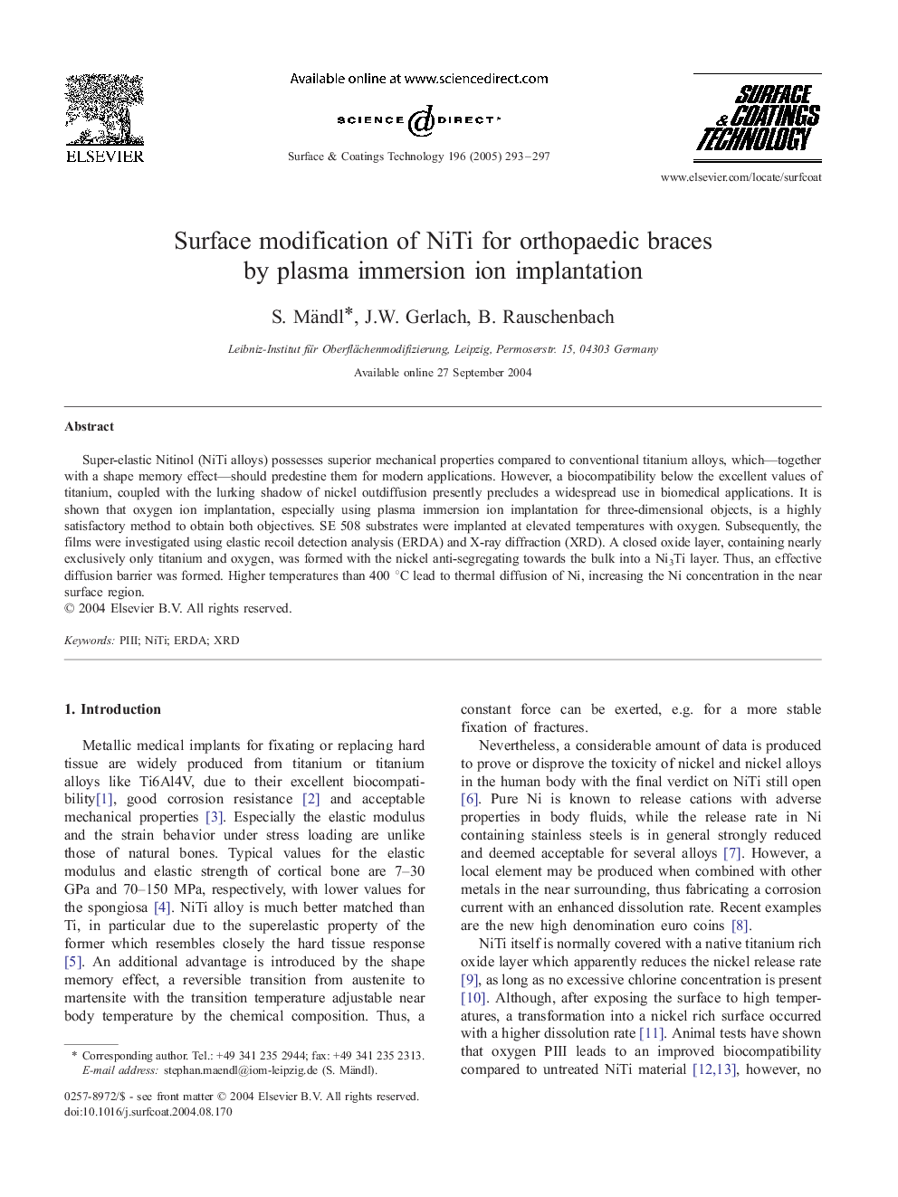 Surface modification of NiTi for orthopaedic braces by plasma immersion ion implantation