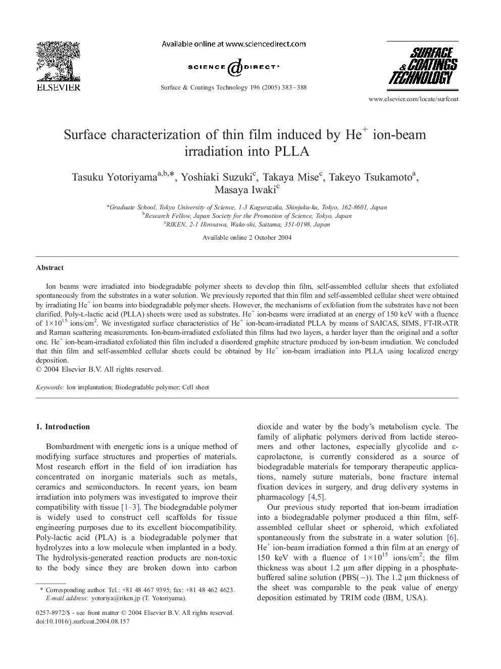 Surface characterization of thin film induced by He+ ion-beam irradiation into PLLA