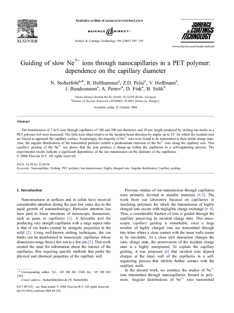 Guiding of slow Ne7+ ions through nanocapillaries in a PET polymer: dependence on the capillary diameter