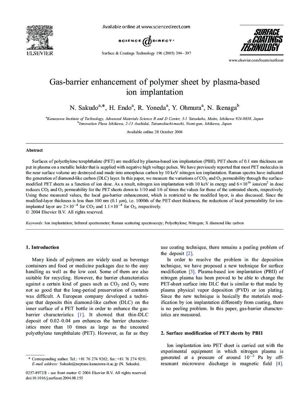 Gas-barrier enhancement of polymer sheet by plasma-based ion implantation