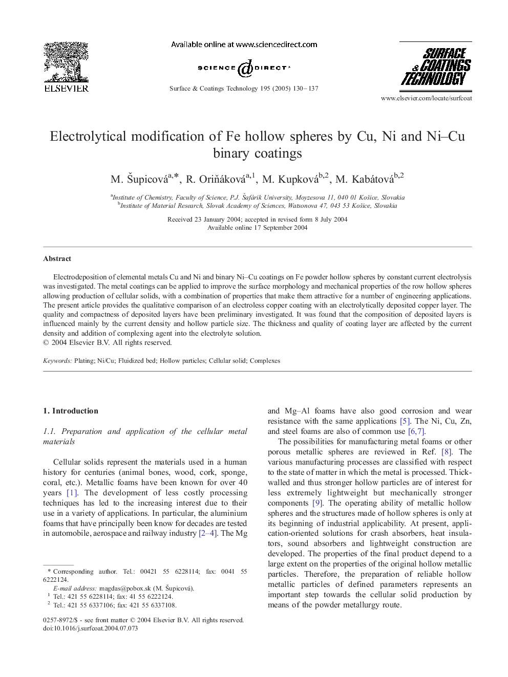 Electrolytical modification of Fe hollow spheres by Cu, Ni and Ni-Cu binary coatings