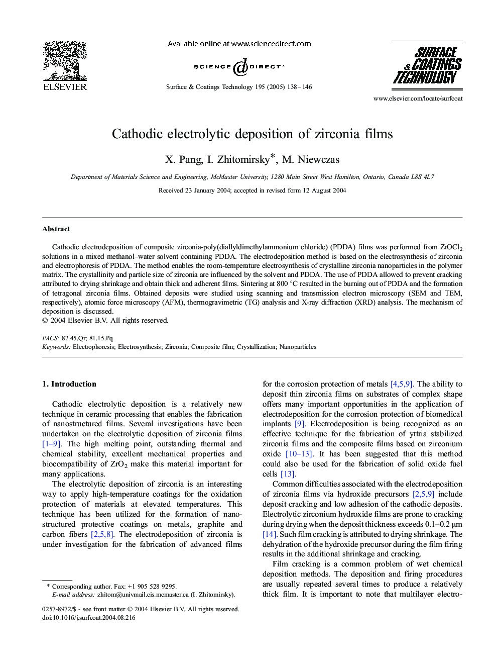 Cathodic electrolytic deposition of zirconia films