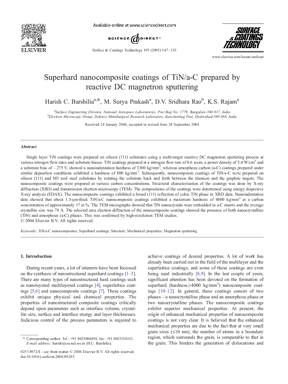 Superhard nanocomposite coatings of TiN/a-C prepared by reactive DC magnetron sputtering