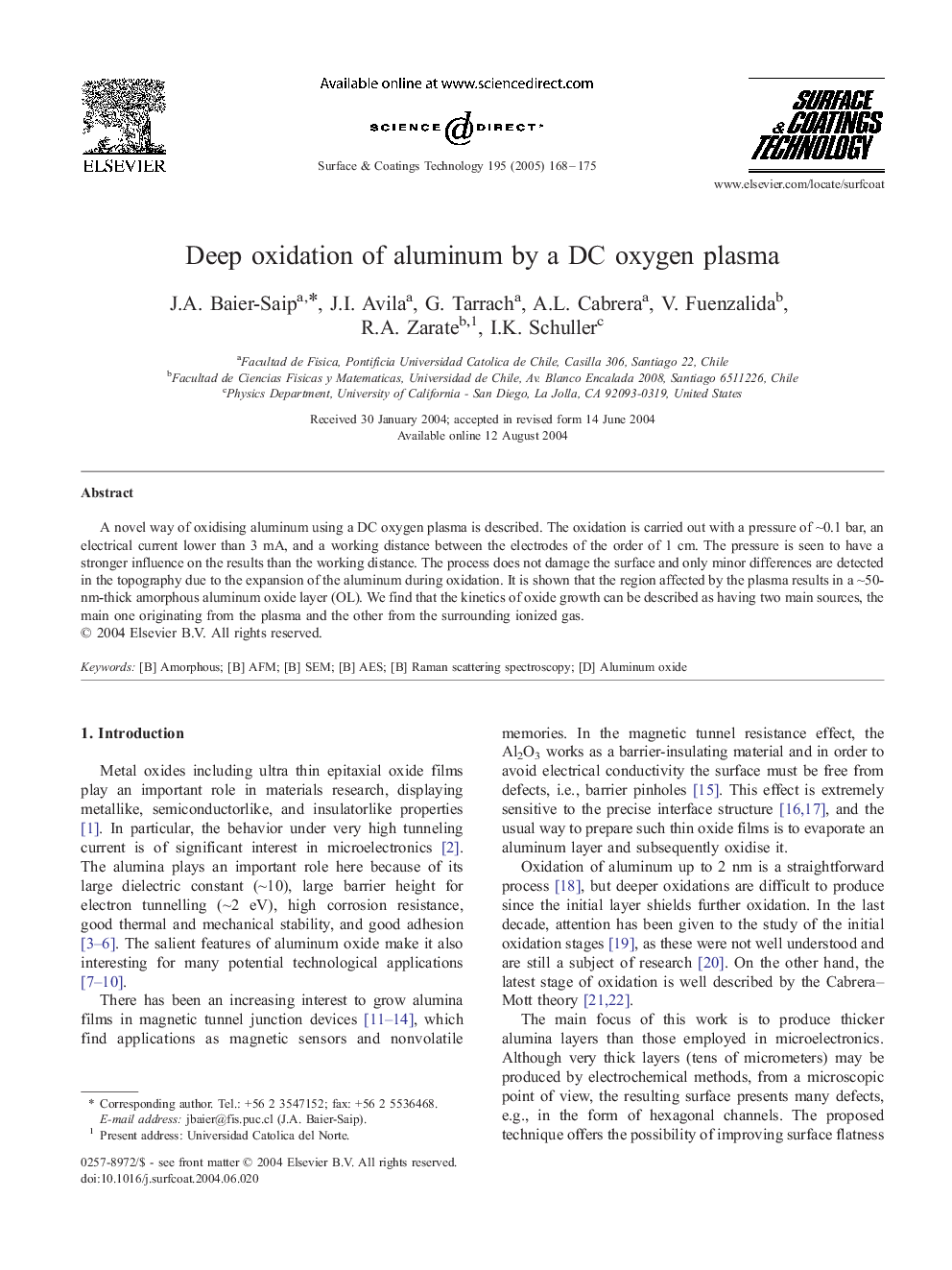 Deep oxidation of aluminum by a DC oxygen plasma