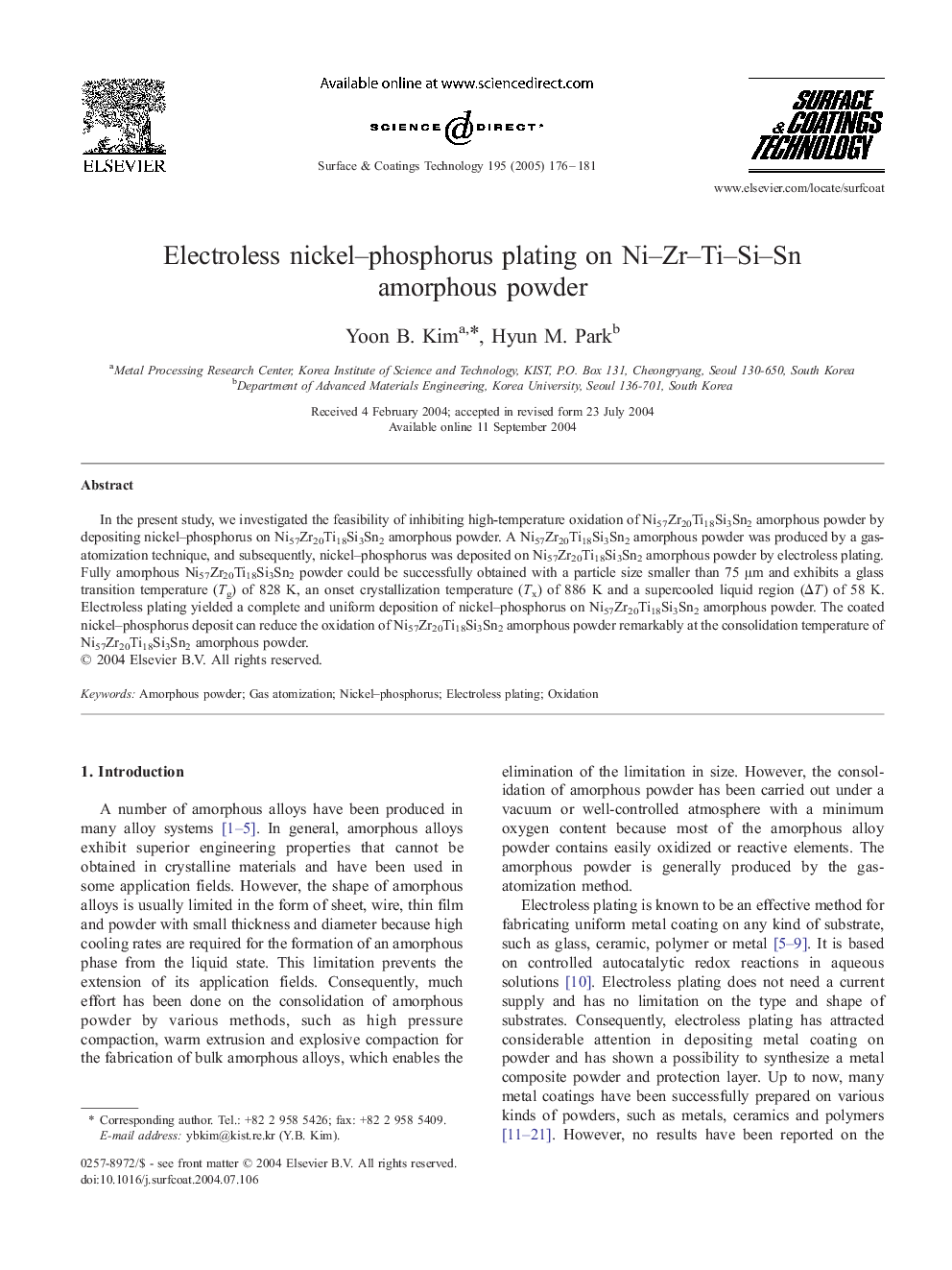 Electroless nickel-phosphorus plating on Ni-Zr-Ti-Si-Sn amorphous powder