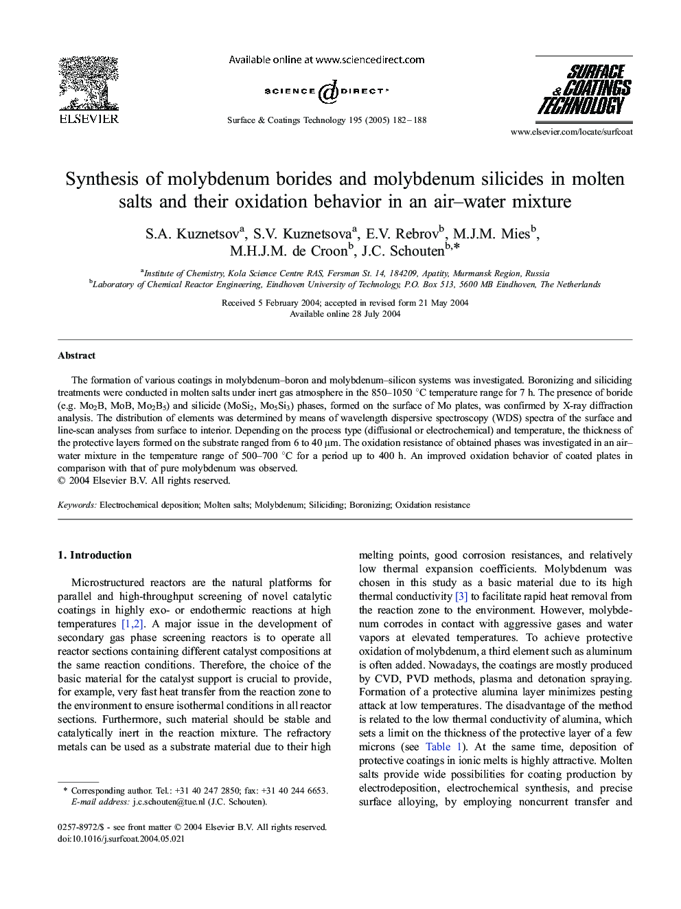 Synthesis of molybdenum borides and molybdenum silicides in molten salts and their oxidation behavior in an air-water mixture