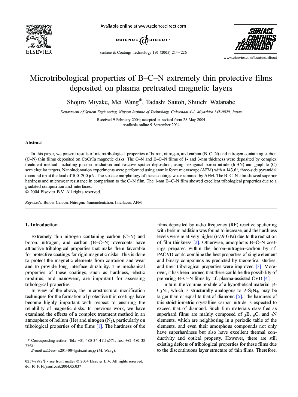Microtribological properties of B-C-N extremely thin protective films deposited on plasma pretreated magnetic layers