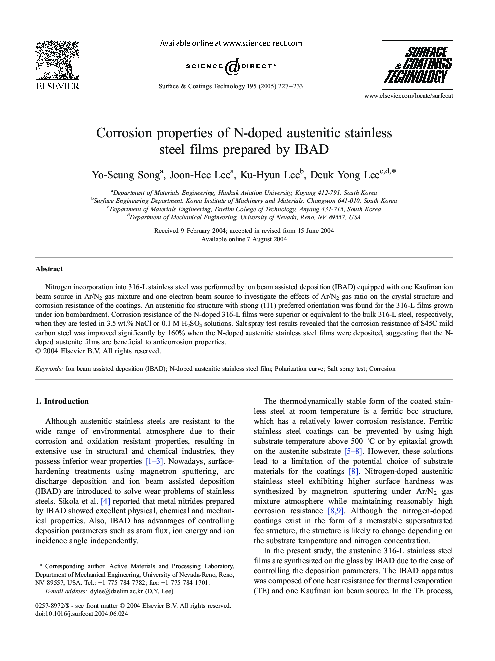 Corrosion properties of N-doped austenitic stainless steel films prepared by IBAD