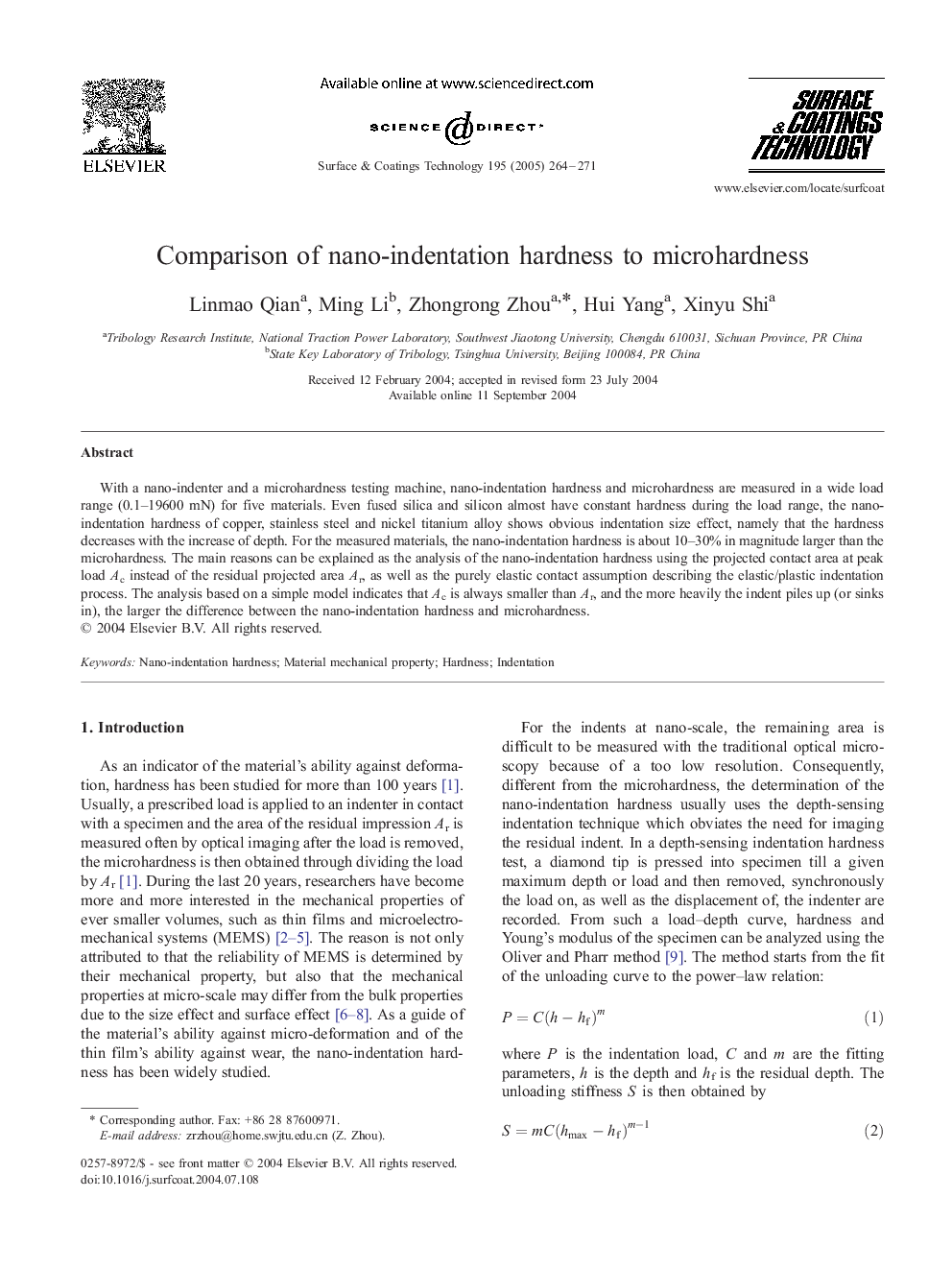 Comparison of nano-indentation hardness to microhardness