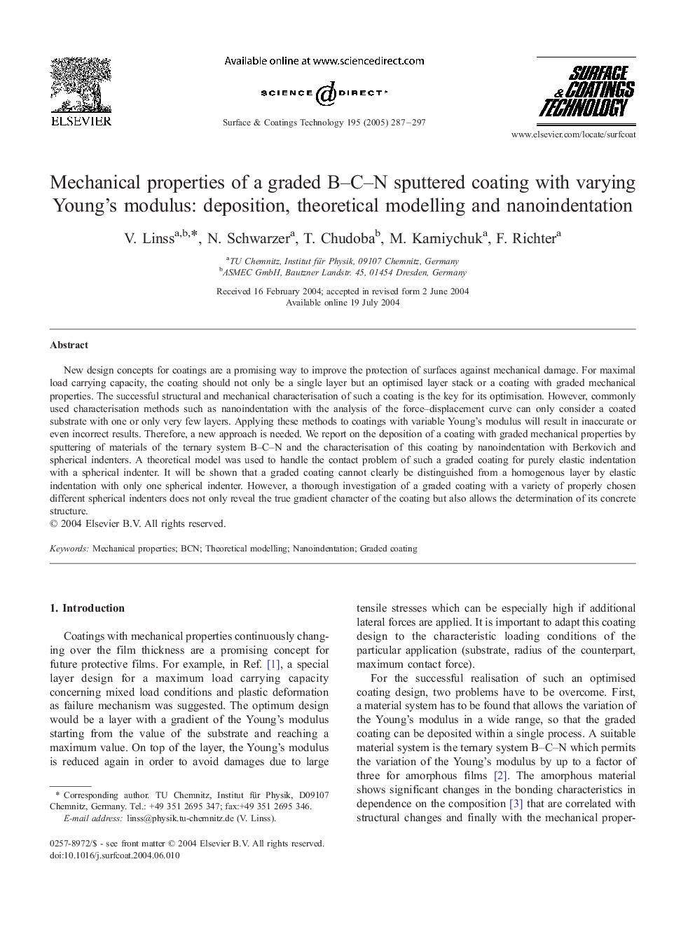 Mechanical properties of a graded B-C-N sputtered coating with varying Young's modulus: deposition, theoretical modelling and nanoindentation